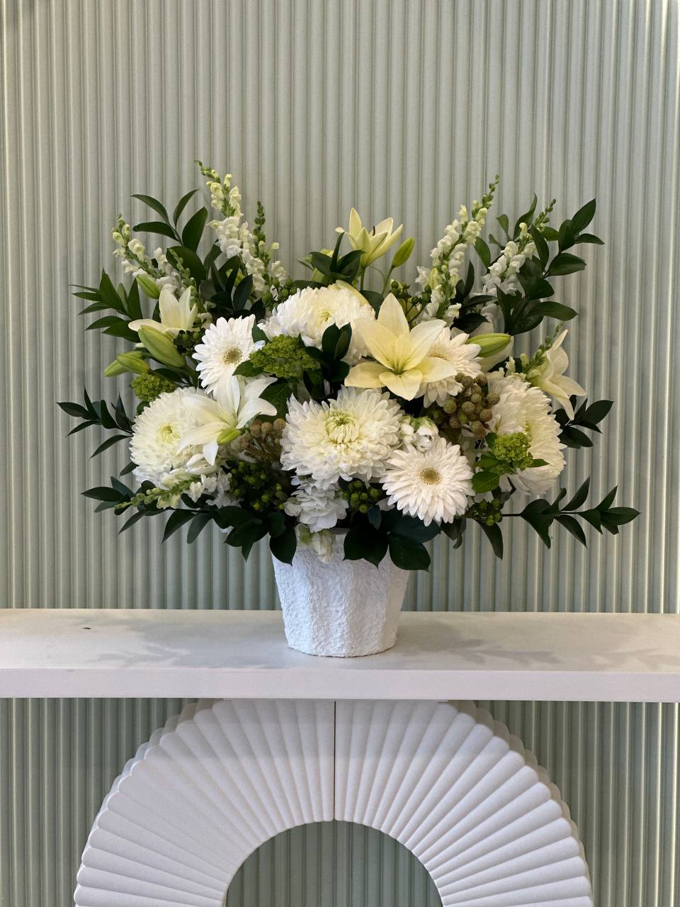 White funeral flower arrangement with lilies and chrysanthemums β Aurora delivery