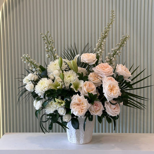 "Luxury white and cream floral arrangement in vase – Aurora flower delivery"