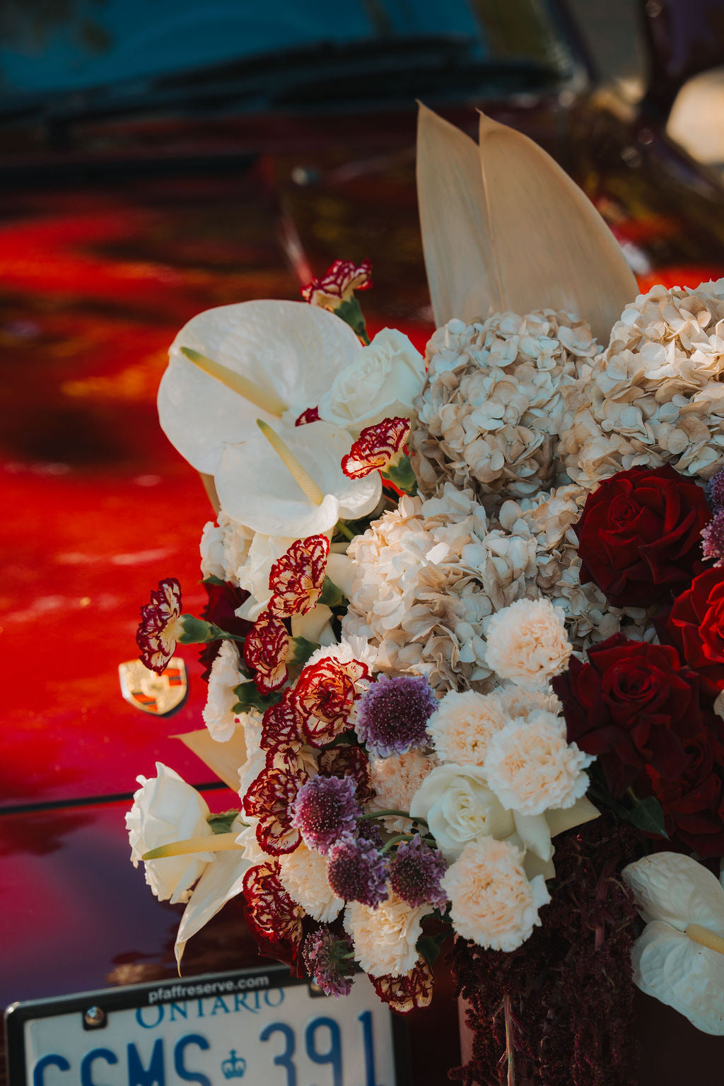 Luxury red floral arrangement in burgundy box