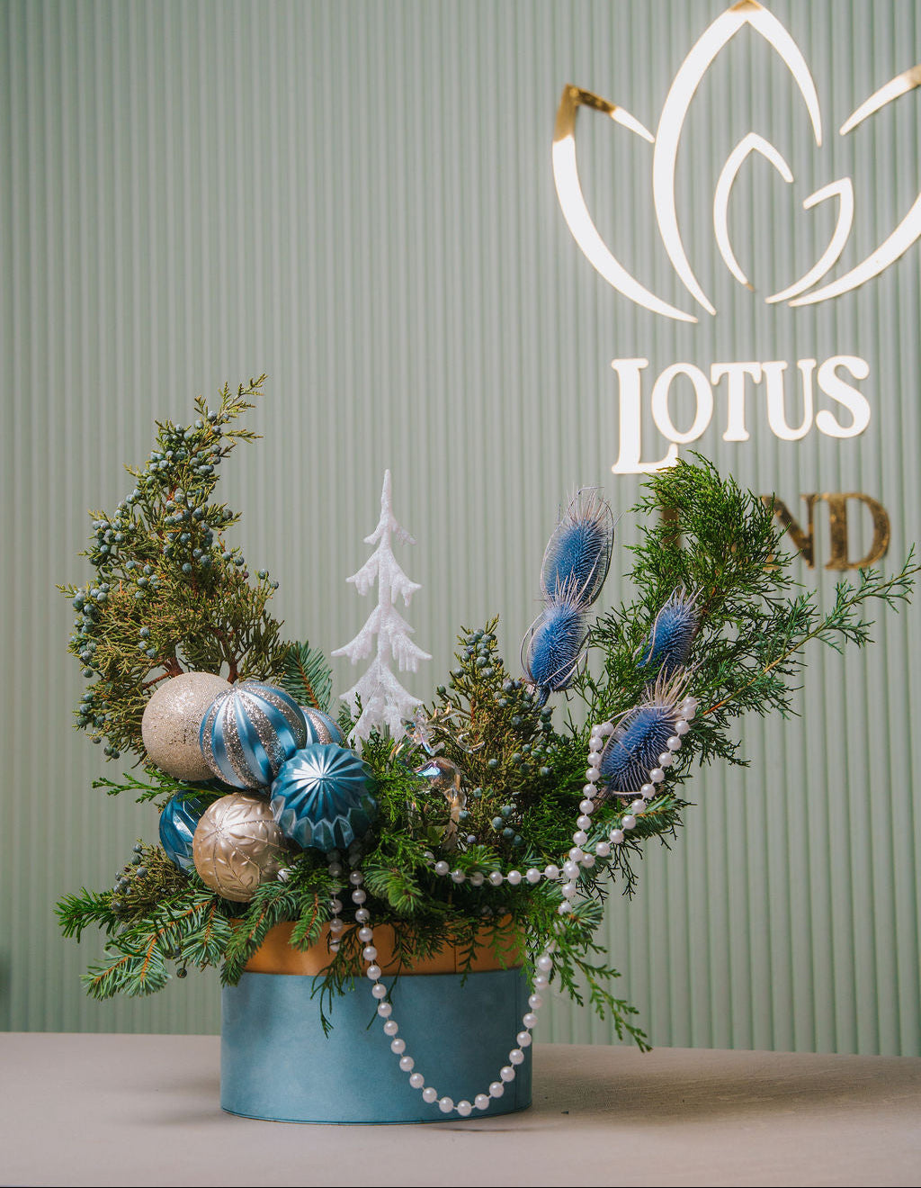 Winter blue elegance Christmas floral box with pearl accents