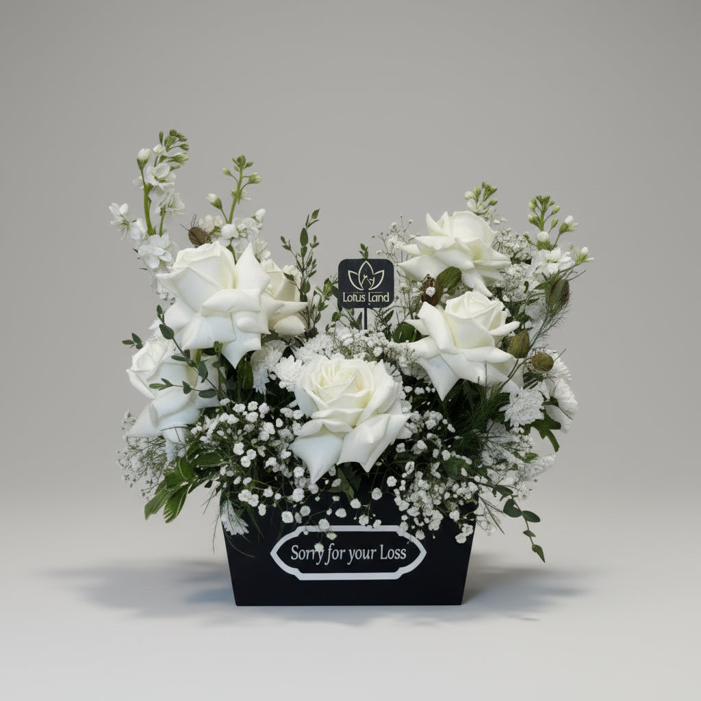 white sympathy flower box with roses condolence arrangement aurora florist