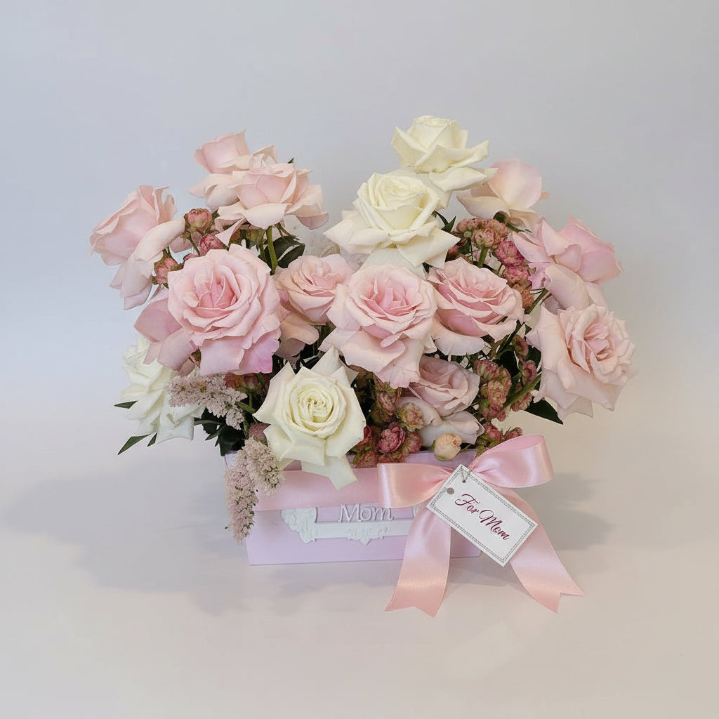 Blush pink and ivory rose flower box for Mother's day  luxury florist Aurora